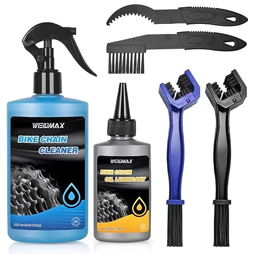 WEIDMAX Kit de Lubricante Cadena Bicicleta, 6 en 1 Kit de Limpieza de Bicicleta con Grasa Cadena Bicicleta Biodegradable 100 ml, Spray Limpiador De Bicicleta 300 ml, Grasa Cadenas MTB con Cepillos