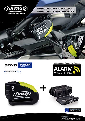 Artago 30X6 Pack Candado Antirrobo Disco con Alarma 120db Alta Seguridad + Soporte para Yamaha MT-09 y Tracer 900, Homologado Sra y Sold Secure Gold