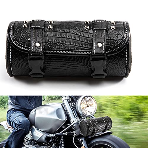 Bolsa universal para manillar de moto, piel de cocodrilo, bolsa de herramientas Sissy Bar impermeable, con hebillas de liberación rápida (negro)