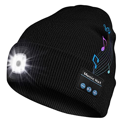 Bosttor Bluetooth Beanie Hat with Light, Upgraded Musical Knitted Cap with Headphone and Built-in Stereo Speakers & Mic, LED Hat for Running Hiking, Unisex for Men Women Teens, Black