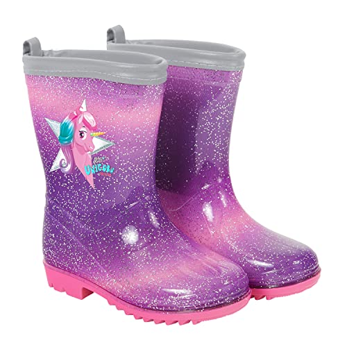 PERLETTI Botas de Agua Niñas con Unicornio - Calzado de Lluvia Niña Morado y Rosa - Botas Impermeables Infantes con Detalles Reflectantes Suela Antideslizante - Material PVC 5 Tallas (Violeta, 22)