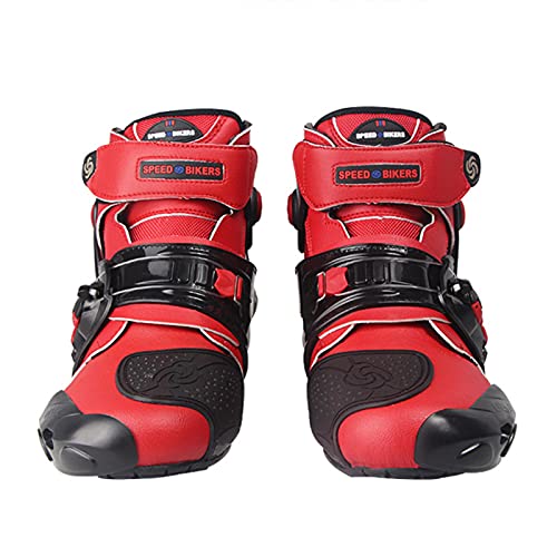 Zapatos de Moto para Hombre, Botines Cortos de Moto Botas de Motocross de Cuero de Microfibra Impermeables para Armadura Off Road Enduro Quad Racing Touring Sports,Red-6.5UK