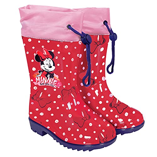 PERLETTI Botas de Agua Niña Minnie Mouse con Lunares - Calzados de Lluvia Niñas Disney Minni con Suela Antideslizante - Botas Impermeables Rojos Cierre con Cordón Material PVC (Rojo, numeric_28)