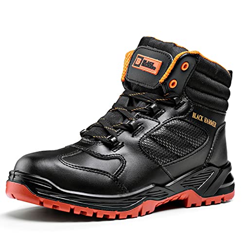 BLACK HAMMER Botas de Seguridad de Cuero para Hombre con Puntera Compuesta Kevlar No Metálico Metal Libre ligero S3 SRC Resistente al Deslizamiento Zapatos de Trabajo Ankle Hiker 8844 (44 EU)