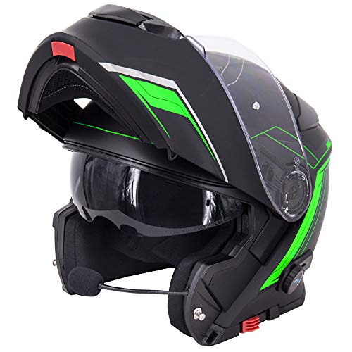 Zorax Negro Mate/Verde S (55-56cm) ZOR-727 Visera Antivaho Casco de Moto con Bluetooth Integrado Modular Flip Cara Moto Casco Motocicleta ECE 22.05