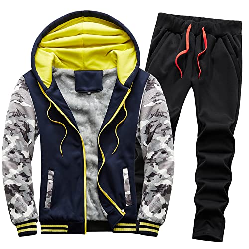 PANBOB Conjunto 2 Hombre Ajuste Regular Otoño Invierno Cálida Chaqueta Capucha Hombre Contraste Color Empalme Conjunto Deportes Hombre Montañismo Entrenamiento Chaqueta Lana Hombre N-Dark Blue1 XL