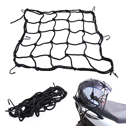 Red de Carga Motocicleta, Red Elástica Moto 40 X 40cm + Correa de Casco Cuerda Elástica con 6 Ganchos Pulpo Moto Equipaje Pulpos Elasticos Transporte para Bicicleta Moto Portaequipajes Trasero Negro