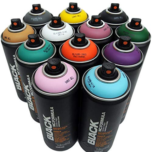 Montana CANS BLACK Montana CANS Black - Juego de 12 botes de pintura en spray para graffiti Street Art (400 ml)