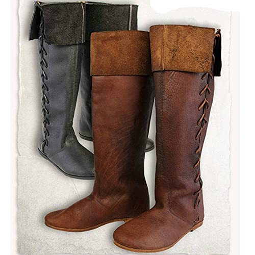 TZH Botas De Caballero Medieval Gótico Retro Pirata Bruja Zapatos De Eje Largo De Cuero Palacio Fiesta De Carnaval Disfraz De Halloween para Hombres Y Mujeres,Negro,47