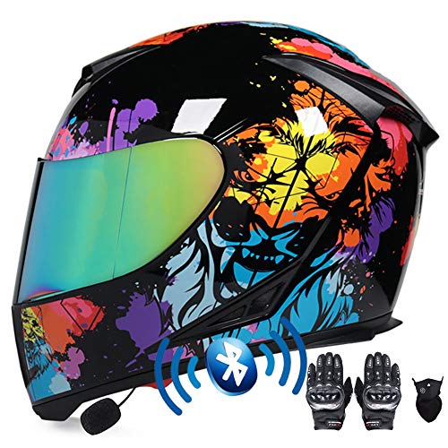 Casco Moto Bluetooth Integrado, Cascos de Moto Scooter con Doble Anti Niebla Visera, Casco Integral ECE Homologado con Guantes y Mascarilla para Mujer Hombre Adultos 55-64CM