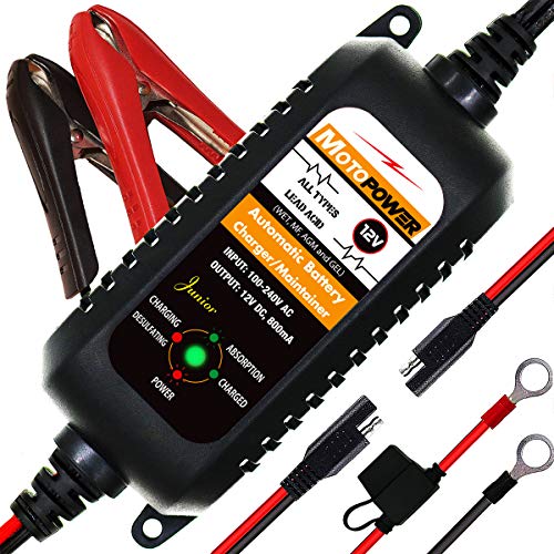 MOTOPOWER MP0205A 12V 800mA Cargador de batería automático/Mantenedor para automóviles, Motocicletas, ATVs, RVs, Powersports, Barco y más. Inteligente, Compacto y Respetuoso del Medio Ambiente