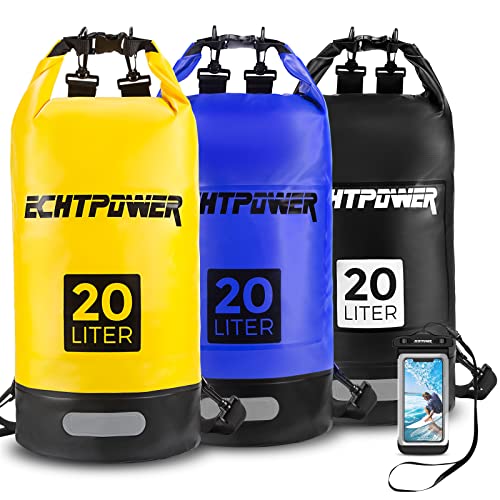 ECHTPower Bolsa Estanca Impermeable 20L, Set de Mochila Impermeable con Funda de Móvil, 100% Impermeable con Doble Correa Bolsa Waterproof para Playa, Surf, Kayak, Senderismo, Camping, Esquí, Pesca