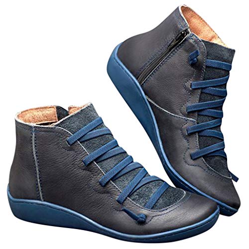 Dasongff Botines Elegante Otoño Corto con Cordones Botines Botas de Tobillo Botas de Mujer Chelsea Elegante Boots Mujer Cuero Imitación Cuero Moto Zapatos Retro Planos Botas Cavalieres, azul, 38 EU