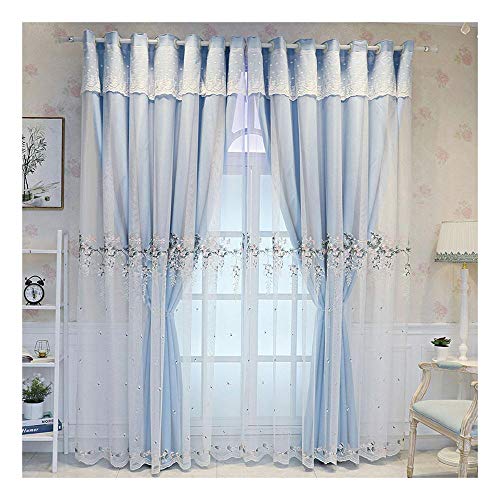 Cortinas Para Habitación Niños Cortina Para Niñas Opaco Princesa Flores Oscurecimiento Bordado 2 Capas Cinta Para Rizar Con Ojales Ventana Habitación,Blau-W350*H270cm