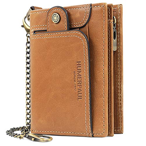 HNOOM Cartera para Hombre Cartera de Cuero Genuino con Bloqueo RFID para Hombre Monedero de Bolsillo con Cremallera, Tarjetero Plegable con Cadena, con Caja de Regalo (Marrón)