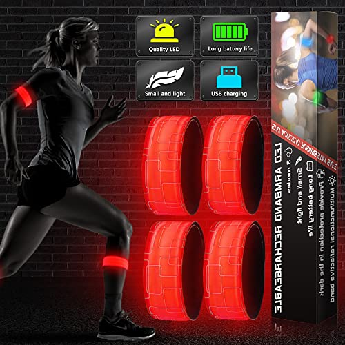 Brazalete Reflectante Running, 4 PCS Banda Reflectante Recargable con USB, Alta Visibilidad y Ajustable ​Brazalete Led para Correr, Andar en Bicicleta, Deportes al Aire ibre (Rojo)