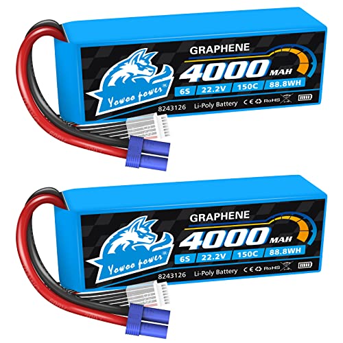 Yowoo 6S Lipo Batería 22.2V 150C 4000mAh RC Baterías de Grafeno con Conector EC5 para RC Car RC Truck RC Car Boat Helicopter Truck Truggy RC Hobby (2 Paquetes)