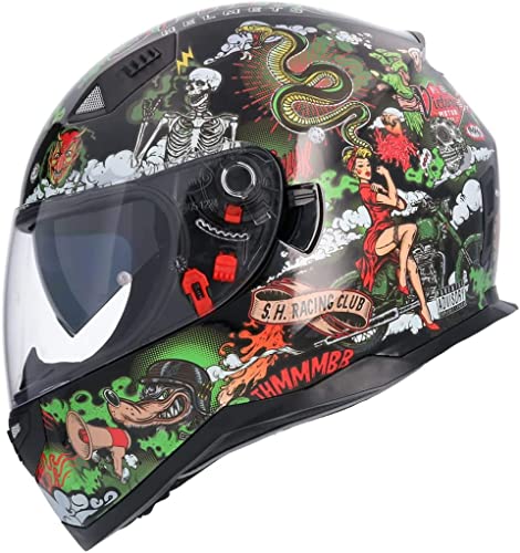 Casco Moto Integral ECE Homologado OLDSKULL Negro SH881 Talla ( L ) EDICION Limitada Casco con Doble Visera Solar Casco Hombre Casco Mujer Casco Unisex L