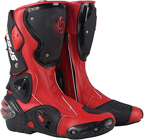 FGDFGDG Botas de Motocross Fabricadas en Cuero, Botas de Moto para Hombre Impermeables con ventilación Ajustable, Botas de Moto Botas Cruzadas Botas Deportivas de Carreras con Protectores,Rojo,40