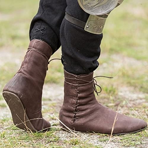 Zapatos medievales para los hombres las mujeres góticas Steampunk PU cuero botas de fondo plano caballero retro correas cruzadas zapatos de la bota de eje corto Super suave suela cómoda, Brown