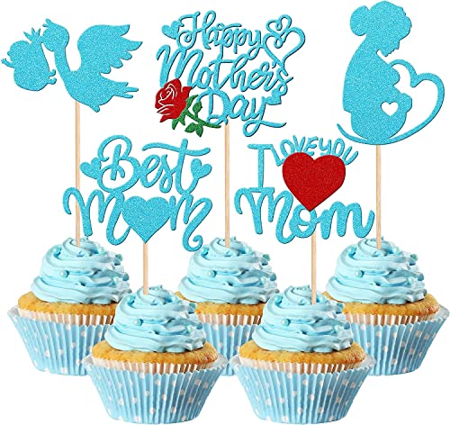 30 unidades Happy Mother's Day decoración para tartas con purpurina, mujeres embarazadas, amor, madre, cupcakes, mejores pasteles decorativos, para el Día de la Madre, accesorios, color azul