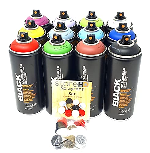 Juego de 12 pulverizadores de Montana Black + cabezales de repuesto - Graffiti Street Art 12 x 400 ml