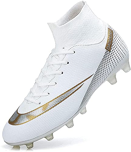 WOWEI Calzado de Fútbol para Hombre Botas Futbol Profesionales Zapatos de Fútbol Hombre Niños Spike Aire Libre Atletismo Training Botas de Fútbol Ligero Tacos (Blanco)