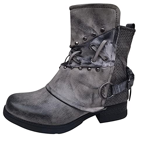 Botines de mujer Botas Biker - Botas con remaches Zapatos Tacón bloque - Cómodo otoño invierno Mujeres Zapatos Hebillas - ST04, St107 gris, 37 EU