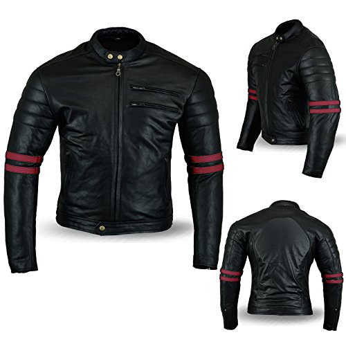 Australian Bikers Gear Chaqueta Moto Black Premium en Cuero Twinstripe Racer, Negro Envejecido y Rayas Rojas Oxblow, con Protecciones Homologadas y Extraíbles, Talla Xl