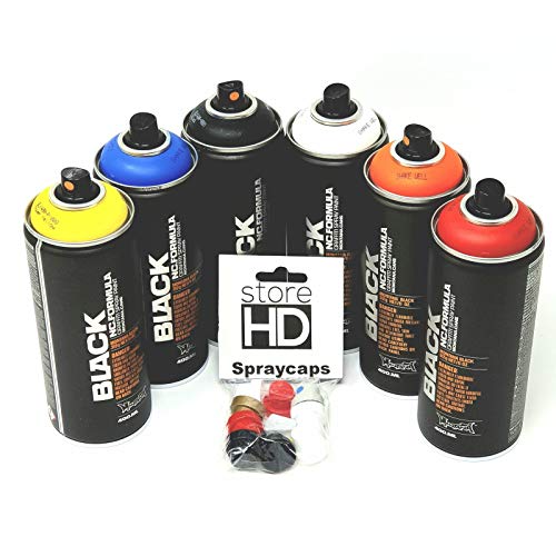 Juego de botes de spray Montana Black, 6 pinturas Wildstyle + 10 cabezales de pulverización de repuesto – 6 x 400 ml