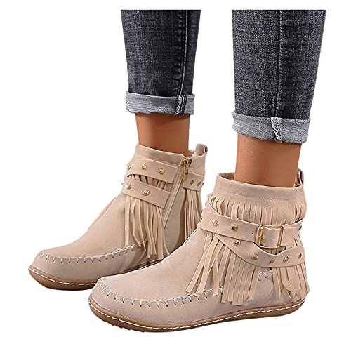 Botas de Mujer con Flecos Invierno Botines de Punta Redonda con Puntera Redonda con Hebilla Ante y Tacón Bajo Estilo Vintage con Plataforma Gamuza y Plano con Borlas Zapatos para Inicio Trabajo