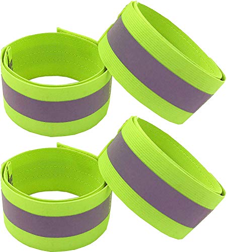 PREMYO Bandas Reflectantes Set de 4 Ajustable Brazalete Alta Visibilidad al Correr Ciclismo Deportistas Niños Actividad al Aire Libre Cinta Reflectante Banda Seguridad Cierre de Velcro Amarillo Neón