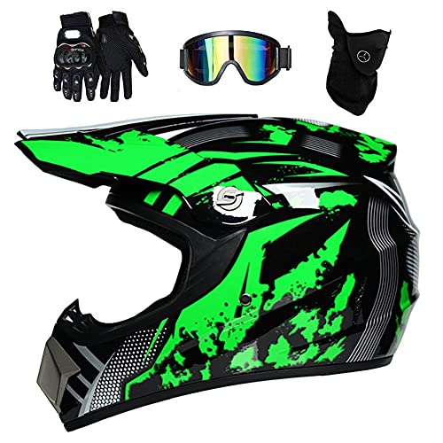 Juventud MTB Motocross Casco,DOT Certificado Deporte Dual Cara Completa Fuera del Camino Motocicleta ATV Choque Casco,Cuesta Abajo Quad Dirt Bike Cascos Equipo de Protección,con Gafas Máscara Guantes