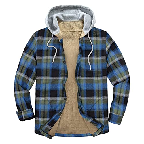 Chaqueta de Abrigo Compuesto con Hebilla con Capucha y Bolsillo de Terciopelo de un Solo Lado a Cuadros a la de otoño e Invierno para Hombre Botones Metal Chaqueta Hombre (Blue-4, L)