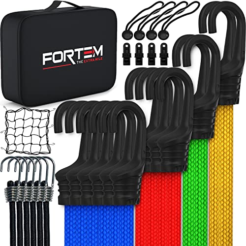 Fortem Multipack Accesorios de Coche, 30 Piezas Muy Resistentes - Pulpos Elásticos con Gancho - Tensores de Lona - Cinchas de Amarre Elásticas con Bola - Ganchos de Metal plastificado - Red Elástica