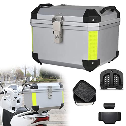 Universal Baúl De Moto Scooter Maleta Impermeable 45L 57L Capacidad, Motocicleta Topcase para 2 Cascos, Baúl De Moto Maletero con Respaldo Y Base Amortiguadora,57L-Silver