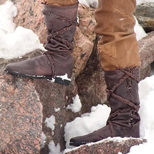 BLOSSS Botas De Vaquero De Mujer Y Hombre Sin Tacón Media Pantorrilla Planas para Moto Impermeable Botas Moda Decoración Trenzada Botas De Equitación Antideslizantes Botas Occidentales,002,35EU