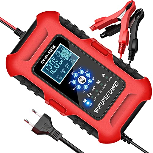 YDBAO Cargador de Batería Inteligente 10A 12V/24V Cargador de Batería de Coche con Función de Mantenimiento con Pantalla Táctil LCD y Múltiples Protecciones para Baterías de Auto Moto AGM/Gel/EFB