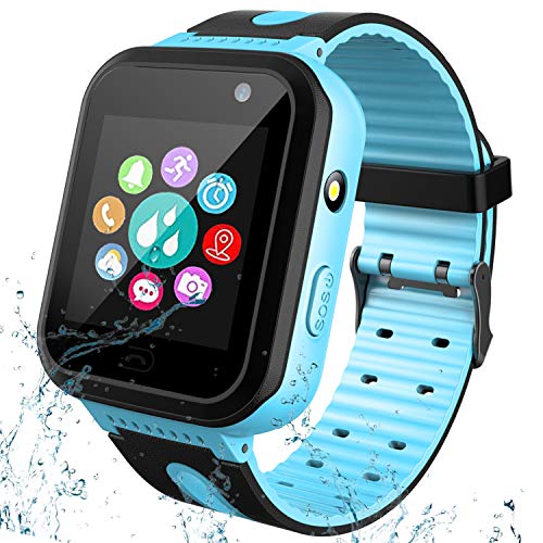 Reloj Inteligente Para Niños Estudiante a Prueba de Agua, AGPS LBS Tracker Reloj Anti-pérdida Para Smartphone, Juego de Matemáticas y llamadas Bidireccionales SOS - Regalo Chico Chica (Azul)