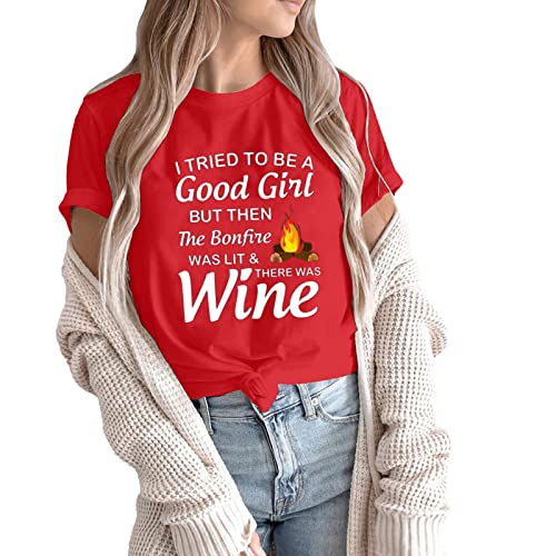 Camiseta sexy de cuello redondo de manga corta para mujer. Traté de ser una buena chica. Divertida camiseta con estampado de letras para mujer elegante, rojo, M