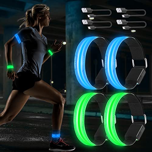 Banda Reflectante, 4 Piezas Brazalete LED Recargable con 3 modos de iluminación, Alta Visibilidad y Ajustable Brazalete Reflectante, Ajustable Pulsera Reflectora de Seguridad para Correr, Senderismo