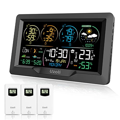 Uzoli Estación meteorológica inalámbricas con 3 sensores termómetro higrómetro interior y exterior reloj digital pronóstico del tiempo presión del aire amanecer atardecer mareas fase lunar