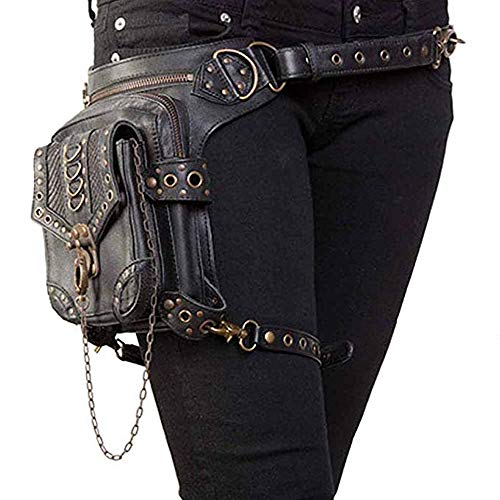 Bolso de Hombro de Cuero Steampunk, Cuero de PU Bandolera Paquetes De Cintura Pierna Bolsas táctico Pierna Banana Macutos de Senderismo Negro Waist Leg Bag