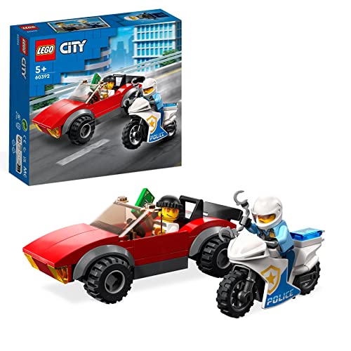 LEGO 60392 City Moto de Policía y Coche a la Fuga, Deportivo de Juguete para Niños de 5 Años en Adelante, Accesorios y 2 Mini Figuras, Regalo de Cumpleaños