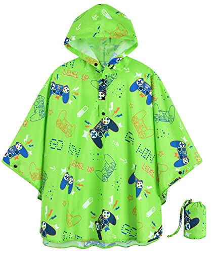 WAWSAM Videojuego Impermeable Reutilizable Ligero Chaqueta Poncho de lluvia para Niños Chicos Go Win Level Up Chubasquero Verde Impermeable con Capucha y Bolsa de Almacenamiento