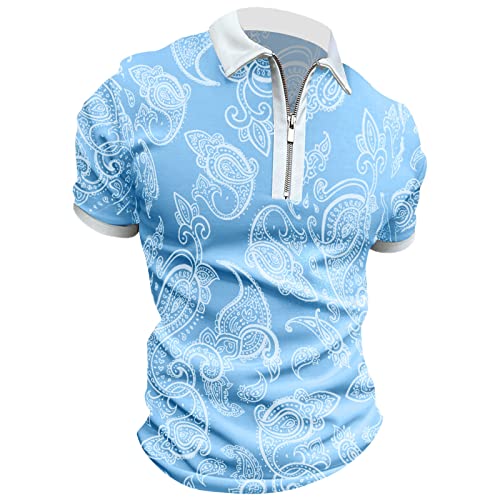 Camisas con Cuello Vuelto para Hombre, Camisetas Ajustadas de Manga Corta con Estampado Floral y Cremallera para, Camisetas Suaves Compatible with Moto Hombre