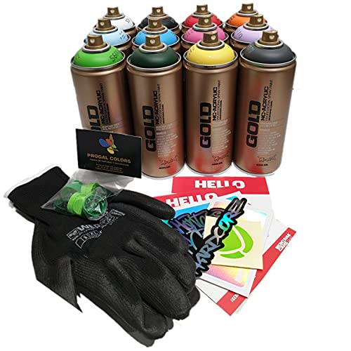 Montana CANS GOLD - Juego de 12 botes de colores en spray (12 botes de oro de 400 ml + 1 guantes, 6 difusores + pegatinas de regalo) para principiantes y grafiti kit Muralism