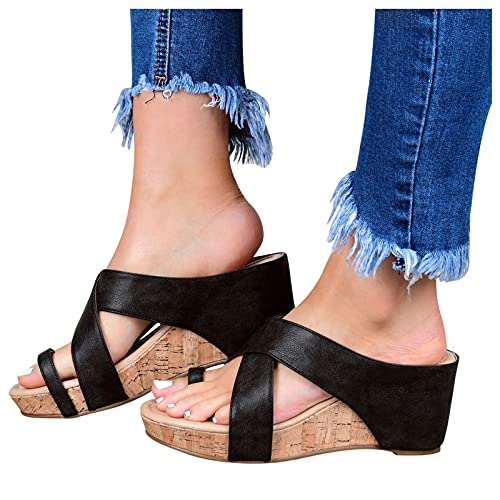 Sandalias Cuñas Mujer Zapatos Enhebrarse Vintage Transpirable Zuecos Plataforma Tacón Alto Zapatos de Playa Vacaciones Semi Trailer Sandalias Color Puro