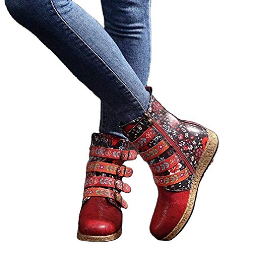 JUNSHANG Botas de Caballero de la Mitad del Tubo de Las Mujeres, botín Plano de Hebilla de Punta Redonda Botines de Tobillo de Tobillo Retro Botas de Motocicleta Botas de Montar,Red-39