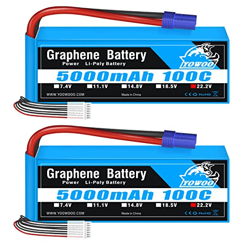 Yowoo 6S Batería de polímero de Litio 5000mAh 100C 22,2V Grafeno Lipo Batería con Conector EC5 para RC dji EDF avión cuadricóptero Coche camión Barco Hobby (2 Unidades)